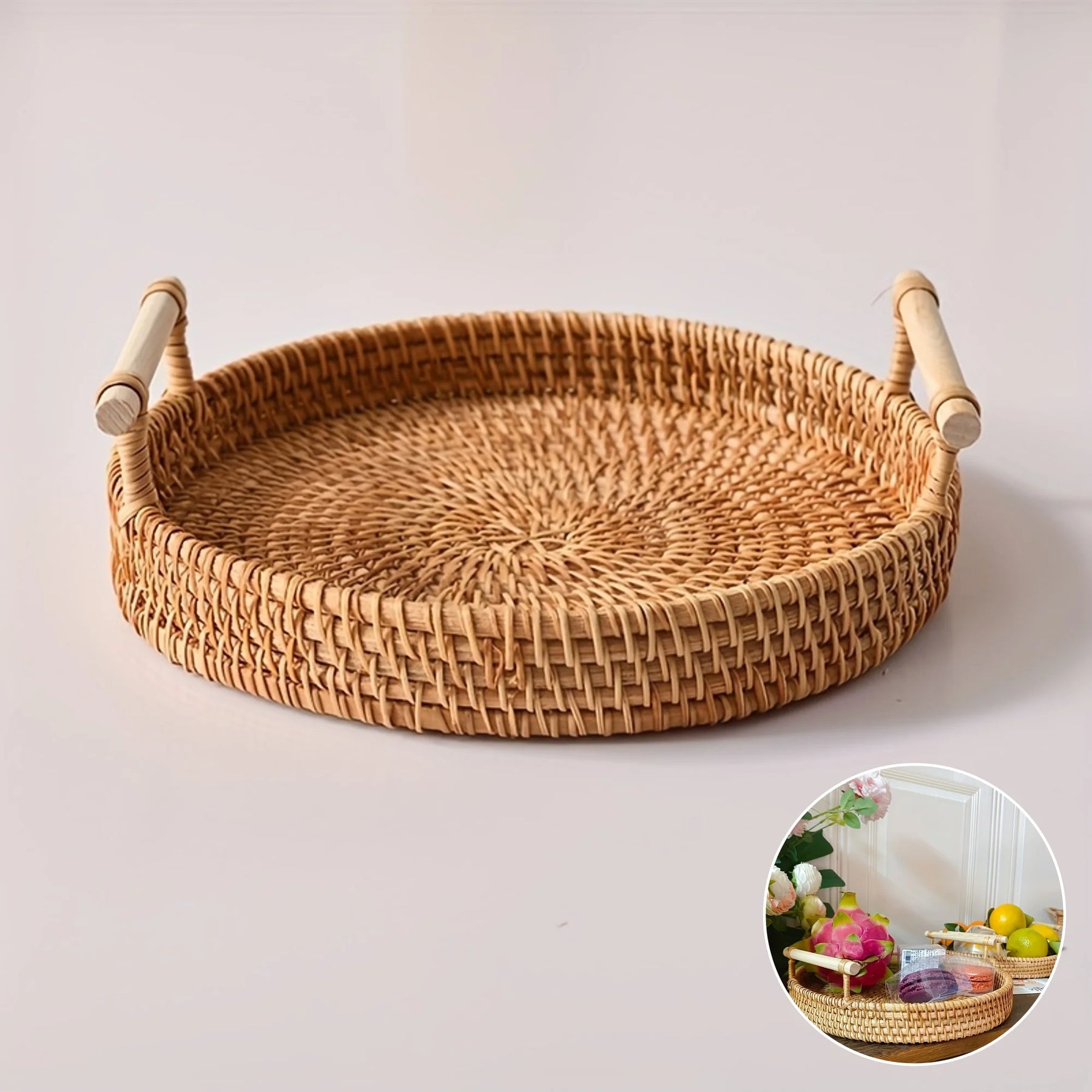 Bandeja de servir artesanal de vime, alças duplas, prato multiuso para apresentação de chá e lanche, cesta de pão ideal, 1 peça