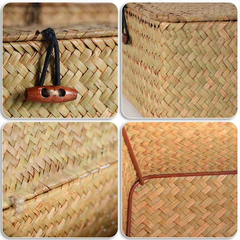 Cesta de prateleira de armazenamento com tampa retangular artesanal seagrass rattan tecido organizador de maquiagem recipiente multiuso caixa natural para