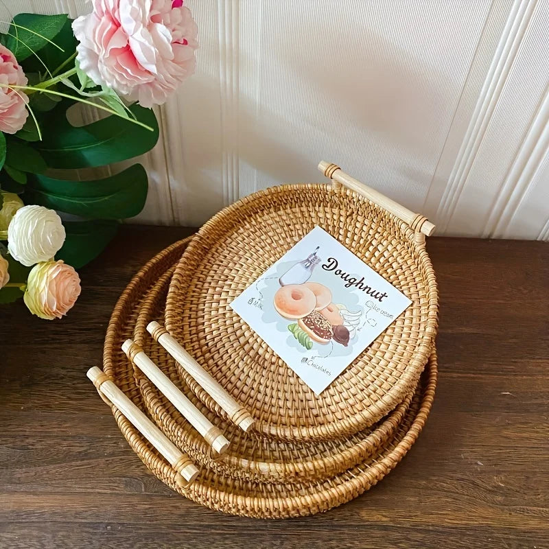 Bandeja de servir artesanal de vime, alças duplas, prato multiuso para apresentação de chá e lanche, cesta de pão ideal, 1 peça