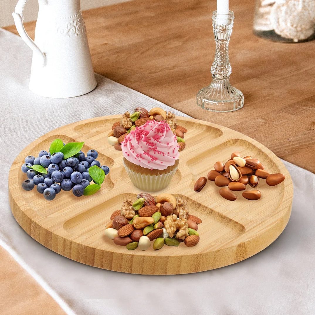 Bandeja de servir redonda de bambu Leeseph com 5 compartimentos, ideal para lanches, frutas, nozes, prato de madeira com divisórias para travessas de festa