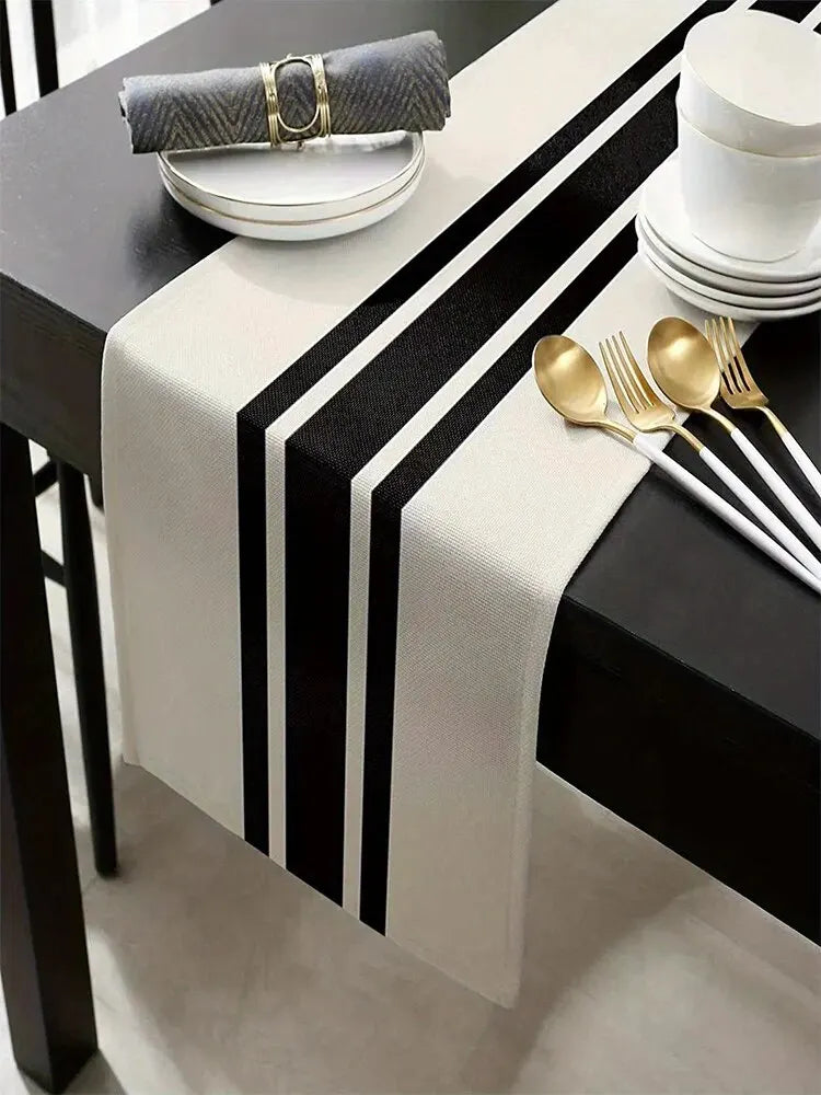 1pc listra geométrica corredor de mesa de linho, moderno simples preto e branco xadrez clássico vintage pano de mesa, decoração para casa
