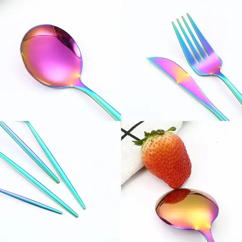 24 peças titânio banhado a ouro conjunto de talheres de aço inoxidável facas garfos colheres conjunto de talheres para casa e restaurante máquina de lavar louça
