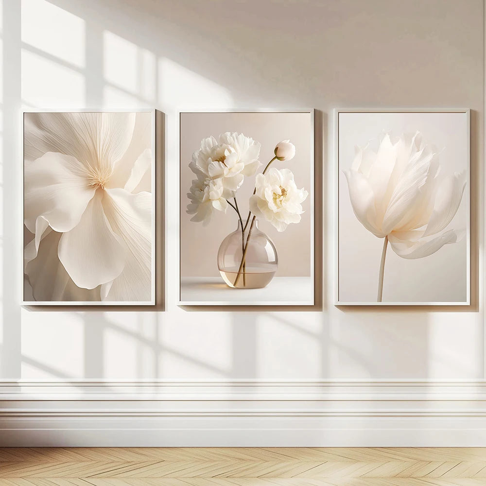 1pc/3 pçs sem moldura nórdico bege peônia flores pintura em tela moderna floral botânico cartazes estética arte da parede decoração para casa