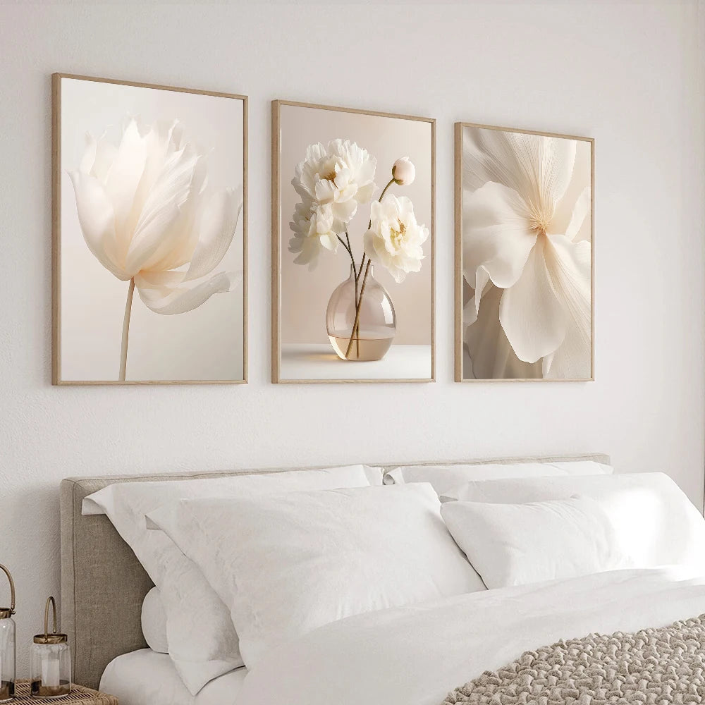1pc/3 pçs sem moldura nórdico bege peônia flores pintura em tela moderna floral botânico cartazes estética arte da parede decoração para casa