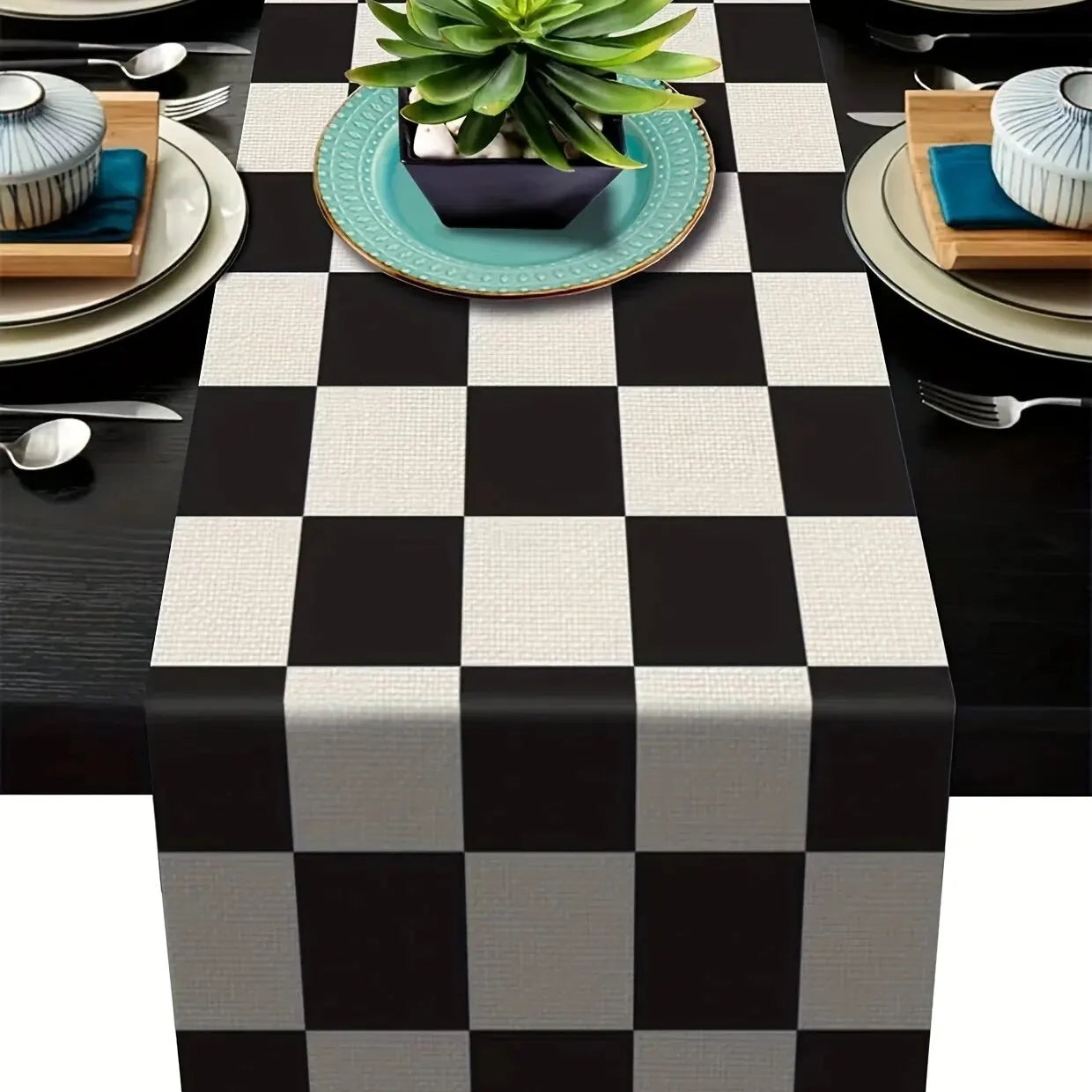 1pc listra geométrica corredor de mesa de linho, moderno simples preto e branco xadrez clássico vintage pano de mesa, decoração para casa