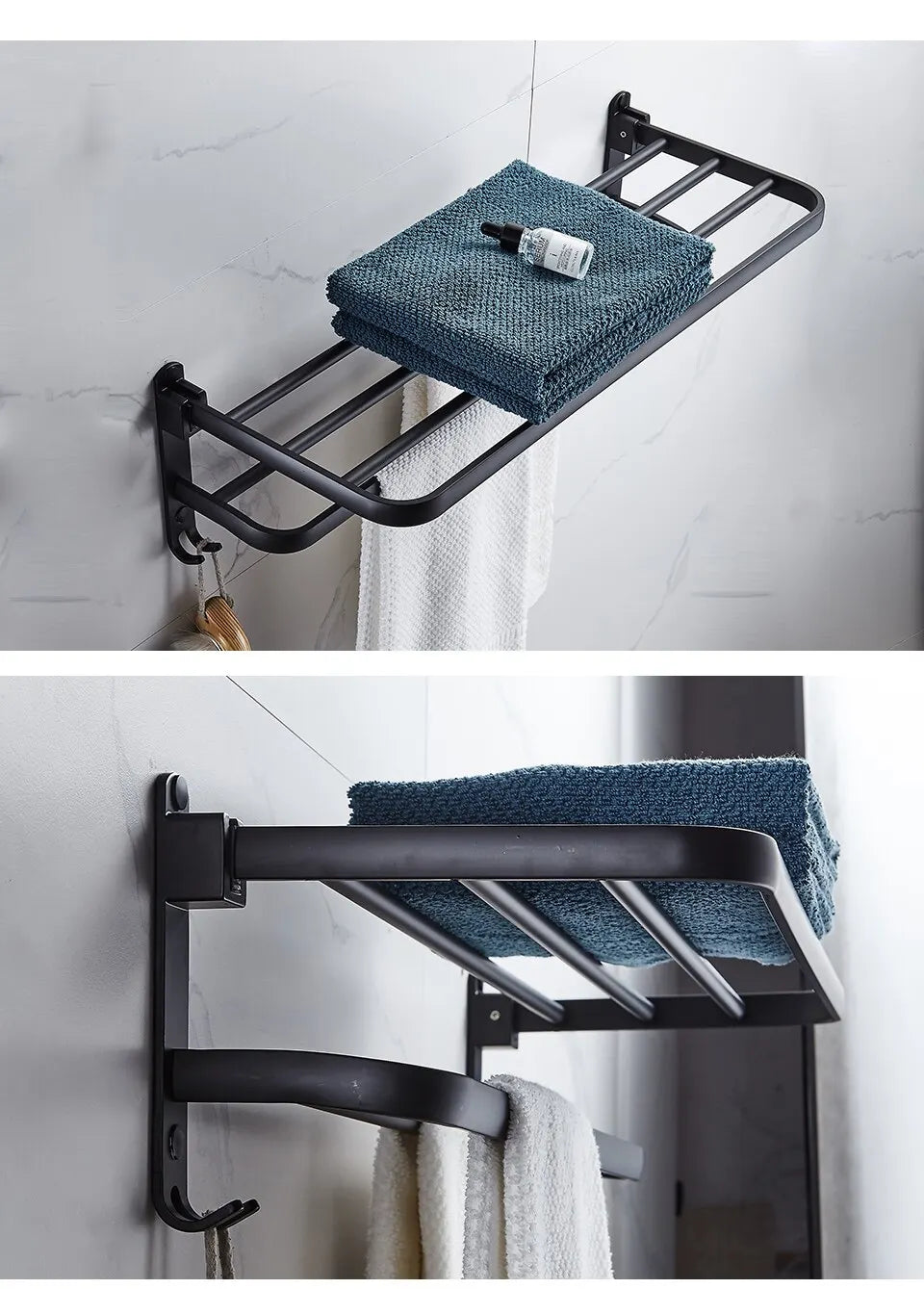 Preto fosco 50CM Folding Suporte Com Gancho Toalha Suporte Wall Mount AluminumTowel Rack
