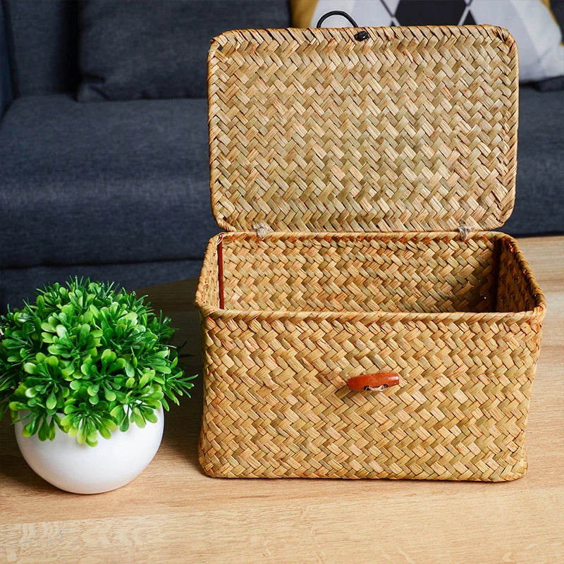Cesta de prateleira de armazenamento com tampa retangular artesanal seagrass rattan tecido organizador de maquiagem recipiente multiuso caixa natural para