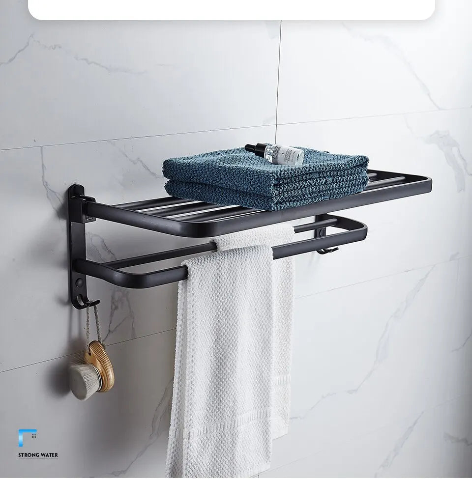 Preto fosco 50CM Folding Suporte Com Gancho Toalha Suporte Wall Mount AluminumTowel Rack