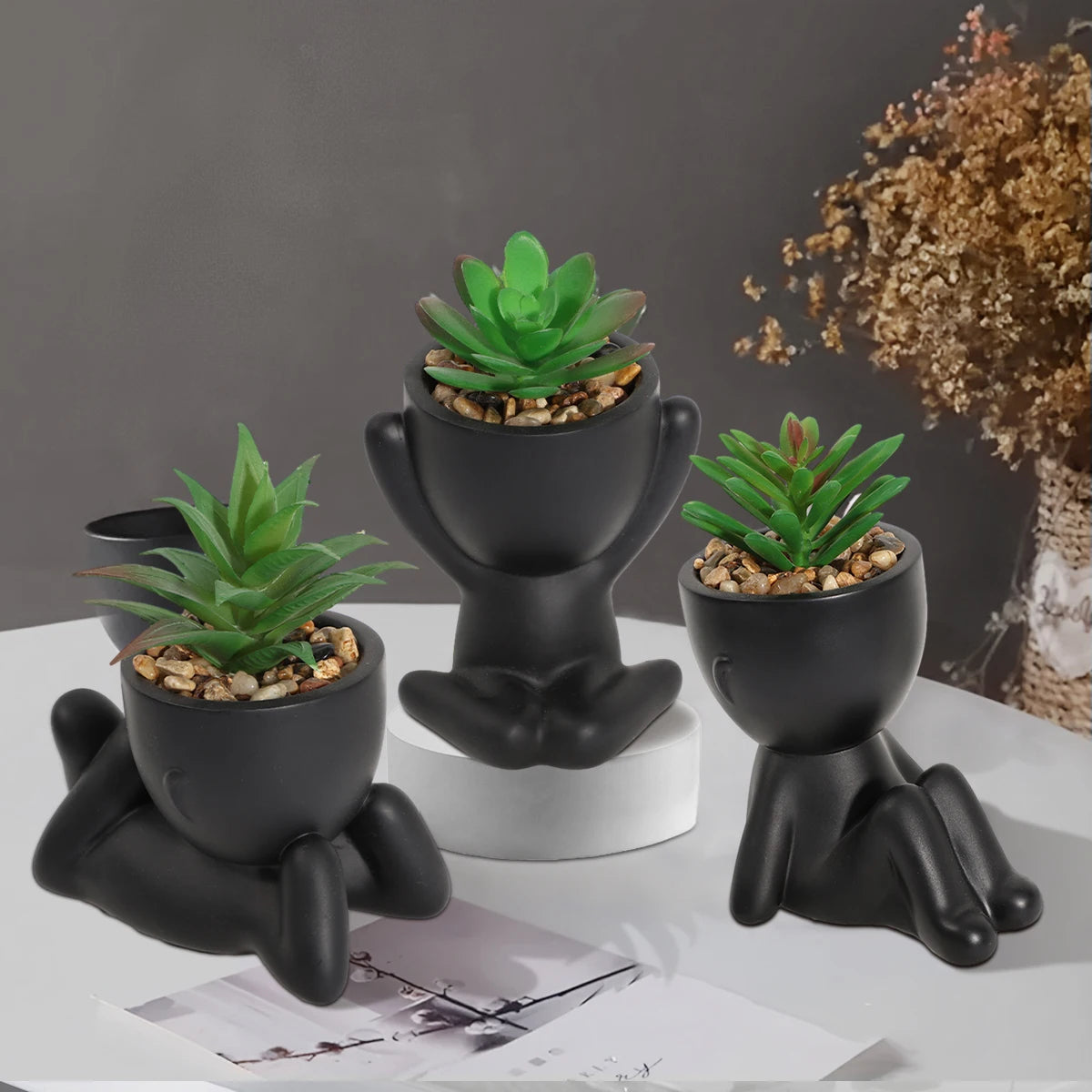 Xiya flor artificial aloe vaso de planta preto personagem em miniatura pote falso vaso planta atacado material pe decoração para casa