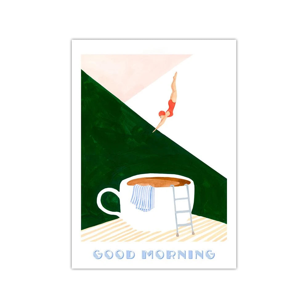 Retro café mergulho cartaz pintura em tela bom dia amante do café impressão arte da parede para sala de estar casa cozinha decoração sem moldura