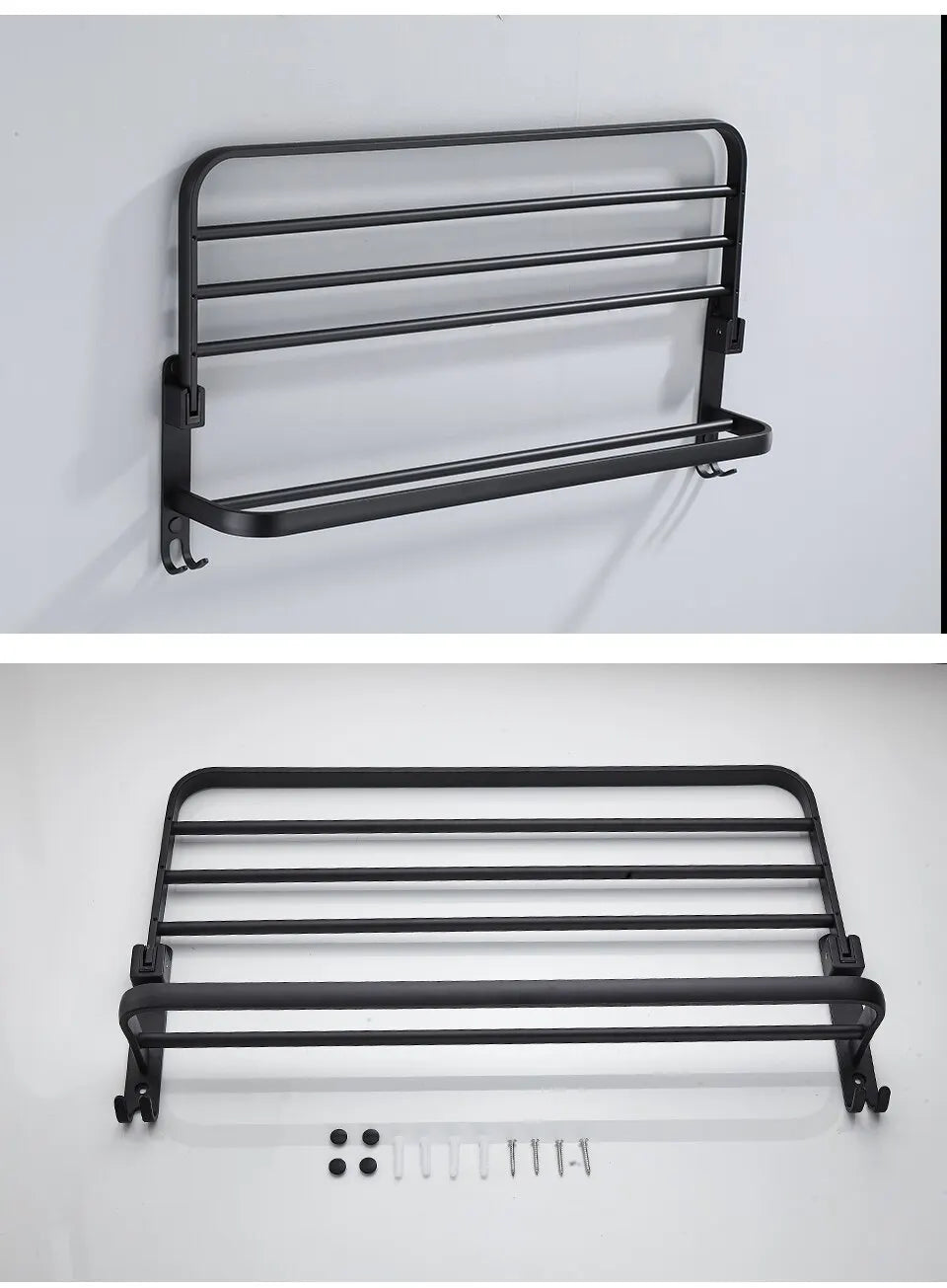 Preto fosco 50CM Folding Suporte Com Gancho Toalha Suporte Wall Mount AluminumTowel Rack