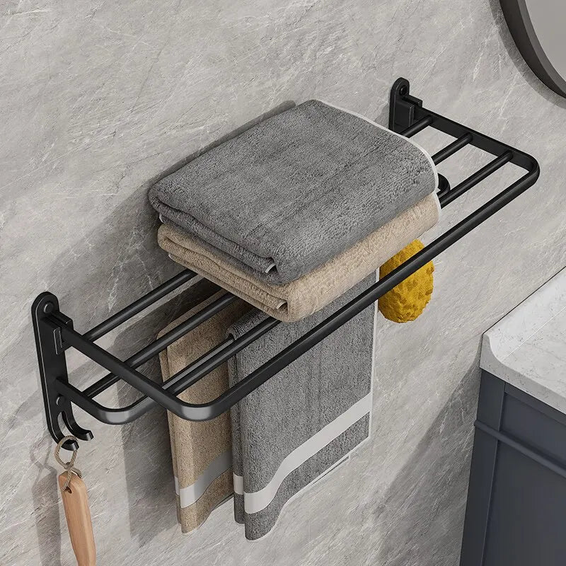 Preto fosco 50CM Folding Suporte Com Gancho Toalha Suporte Wall Mount AluminumTowel Rack