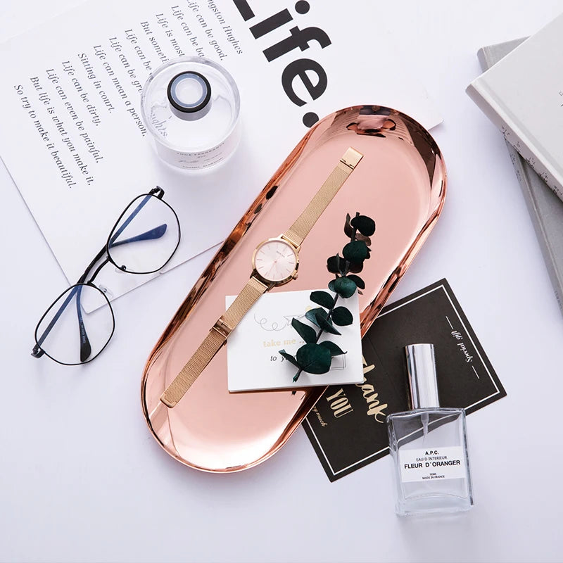 Placa moderna de metal em ouro rosa, bandeja de armazenamento oval prateada, exibição de joias decorativas, bandeja de aço inoxidável, suprimentos de armazenamento