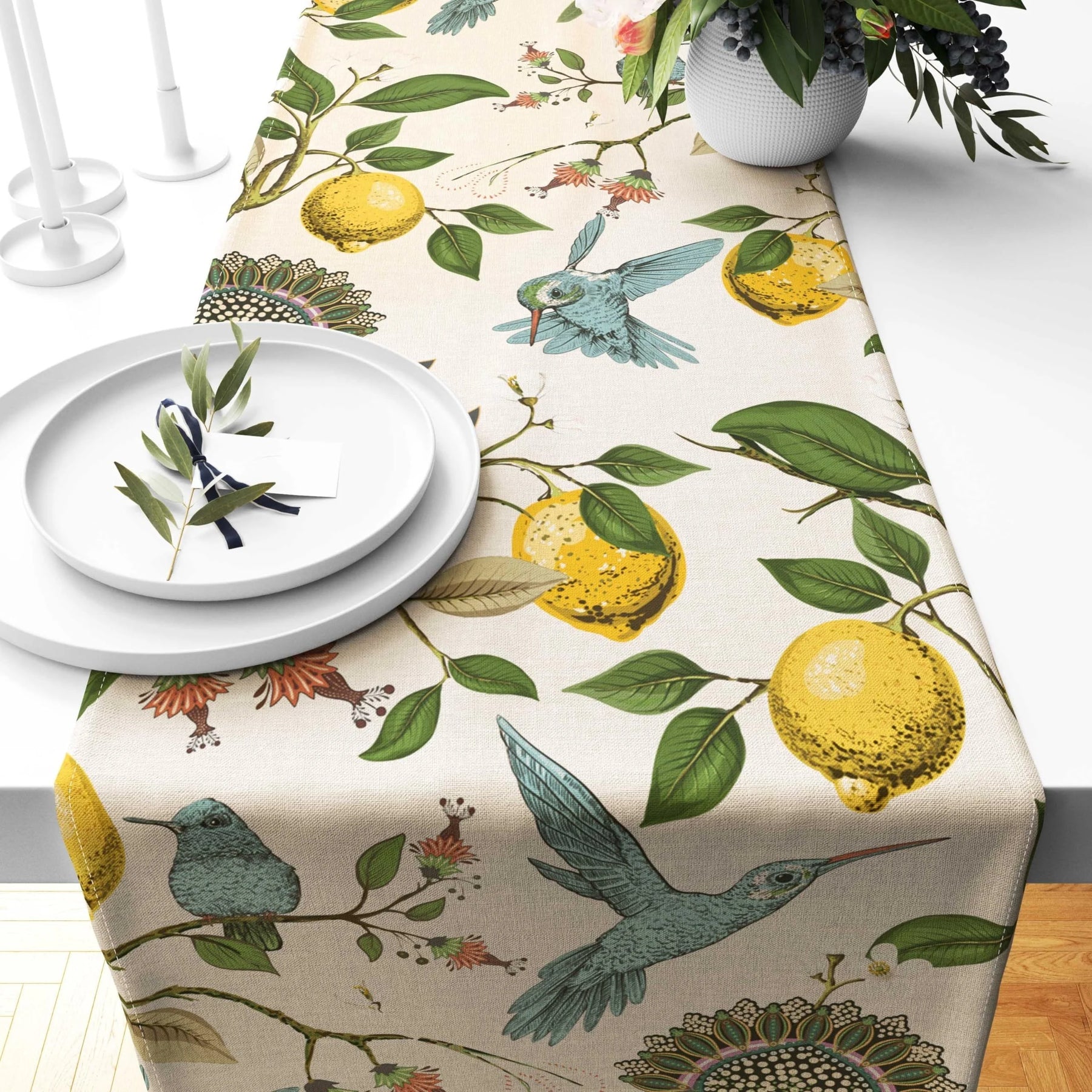 Azul pássaro limão árvore impresso linho corredores de mesa verão outono sazonal cômoda cachecol decoração para casa feriado festa de casamento decoração de mesa