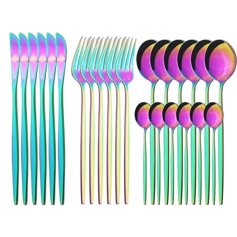24 peças titânio banhado a ouro conjunto de talheres de aço inoxidável facas garfos colheres conjunto de talheres para casa e restaurante máquina de lavar louça