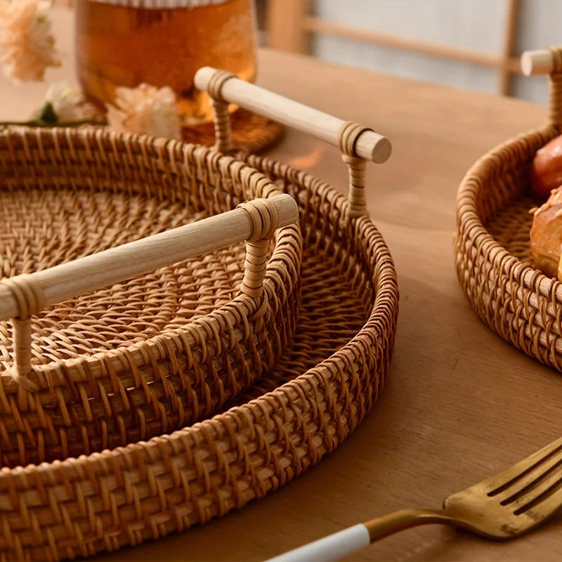 Bandeja de servir artesanal de vime, alças duplas, prato multiuso para apresentação de chá e lanche, cesta de pão ideal, 1 peça