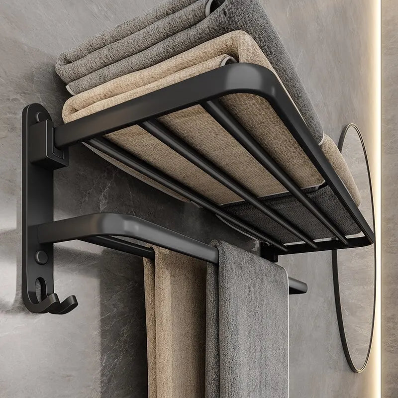 Preto fosco 50CM Folding Suporte Com Gancho Toalha Suporte Wall Mount AluminumTowel Rack
