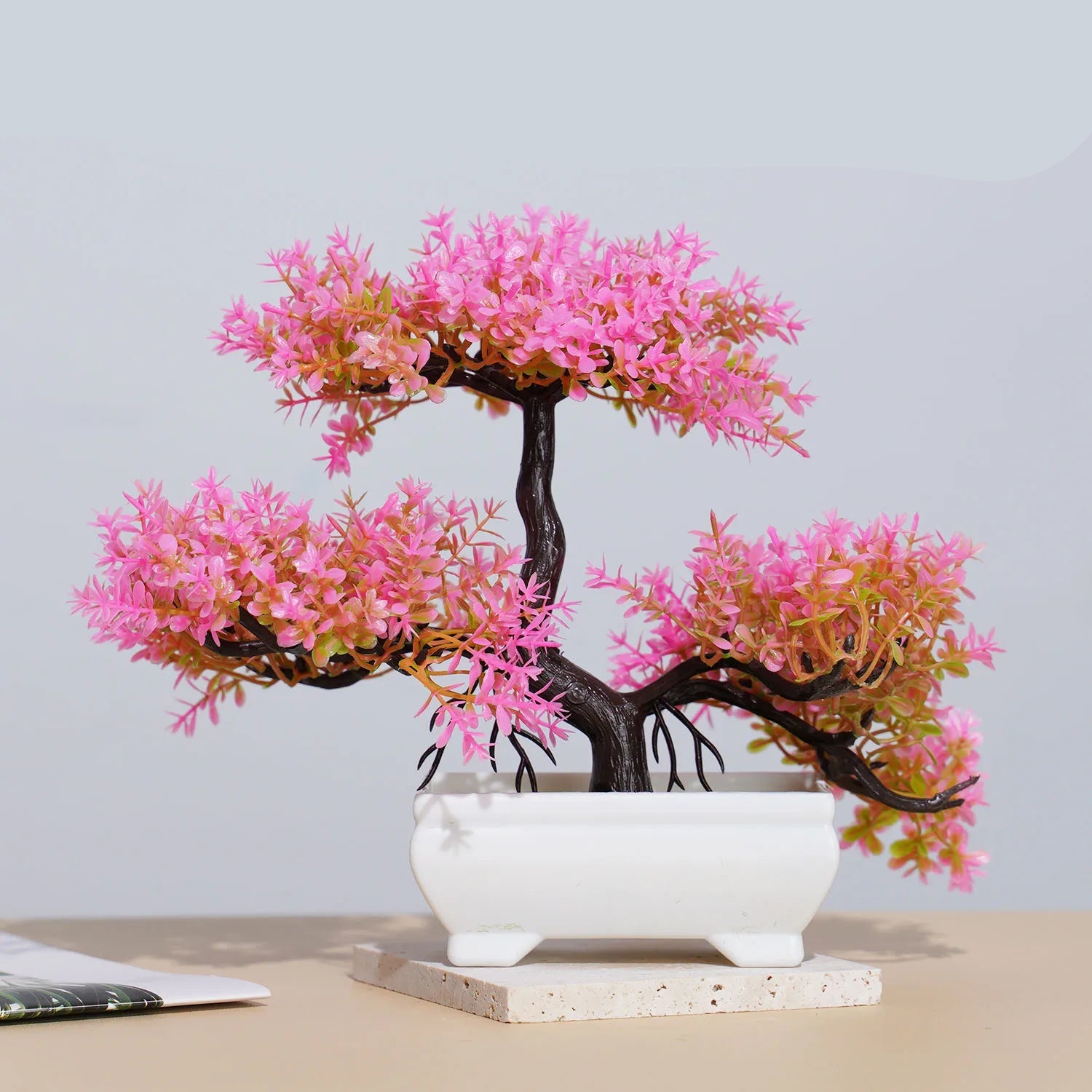 Plantas artificiais bonsai pequena árvore simulação pote plantas flores falsas mesa vaso ornamentos para hotel jardim decoração de casa