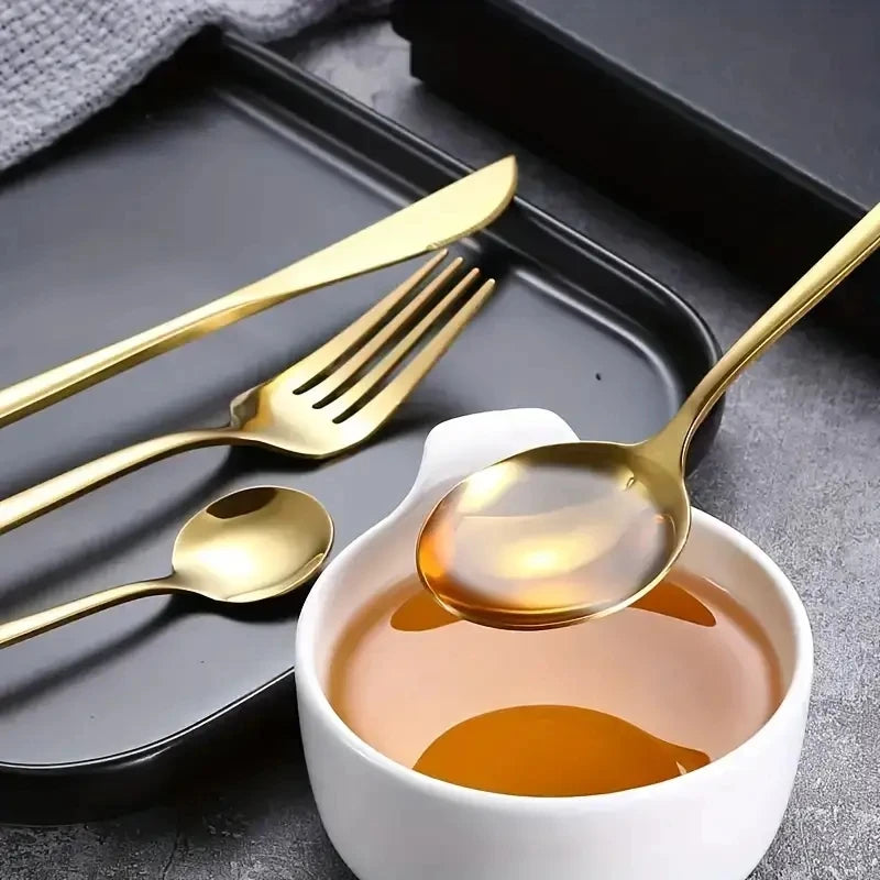 24 peças titânio banhado a ouro conjunto de talheres de aço inoxidável facas garfos colheres conjunto de talheres para casa e restaurante máquina de lavar louça