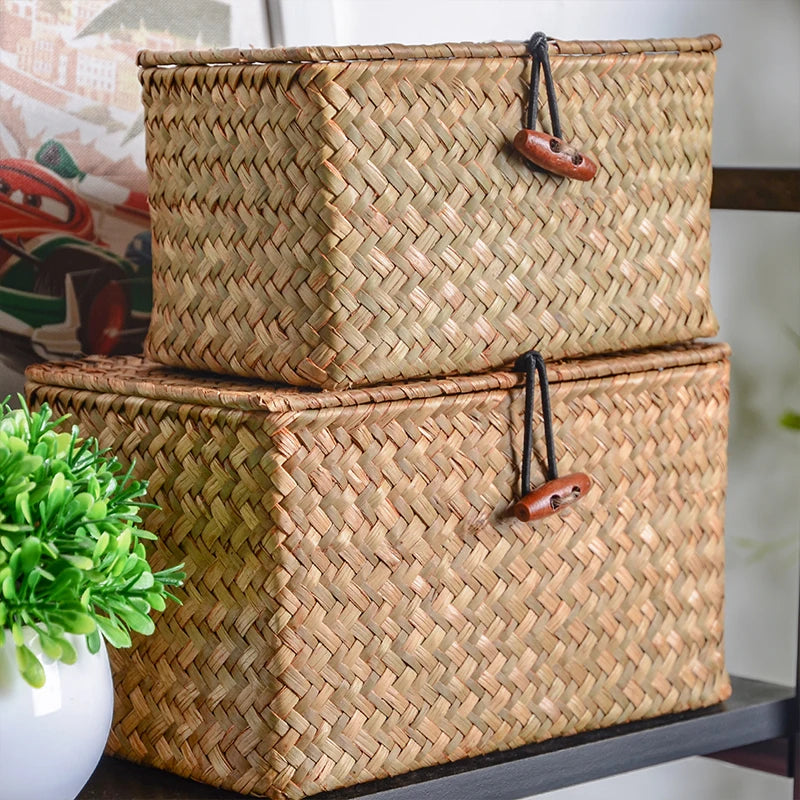 Cesta de prateleira de armazenamento com tampa retangular artesanal seagrass rattan tecido organizador de maquiagem recipiente multiuso caixa natural para