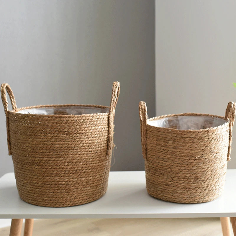 1pc nórdico artesanal palha tecido vaso de flores plantador cesta lavanderia roupas sujas armazenamento vaso jardim planta verde flor suportes