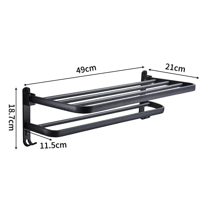 Preto fosco 50CM Folding Suporte Com Gancho Toalha Suporte Wall Mount AluminumTowel Rack