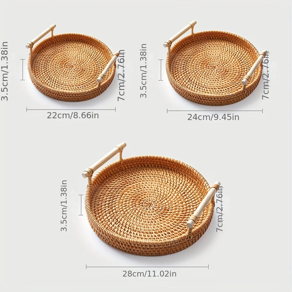 Bandeja de servir artesanal de vime, alças duplas, prato multiuso para apresentação de chá e lanche, cesta de pão ideal, 1 peça