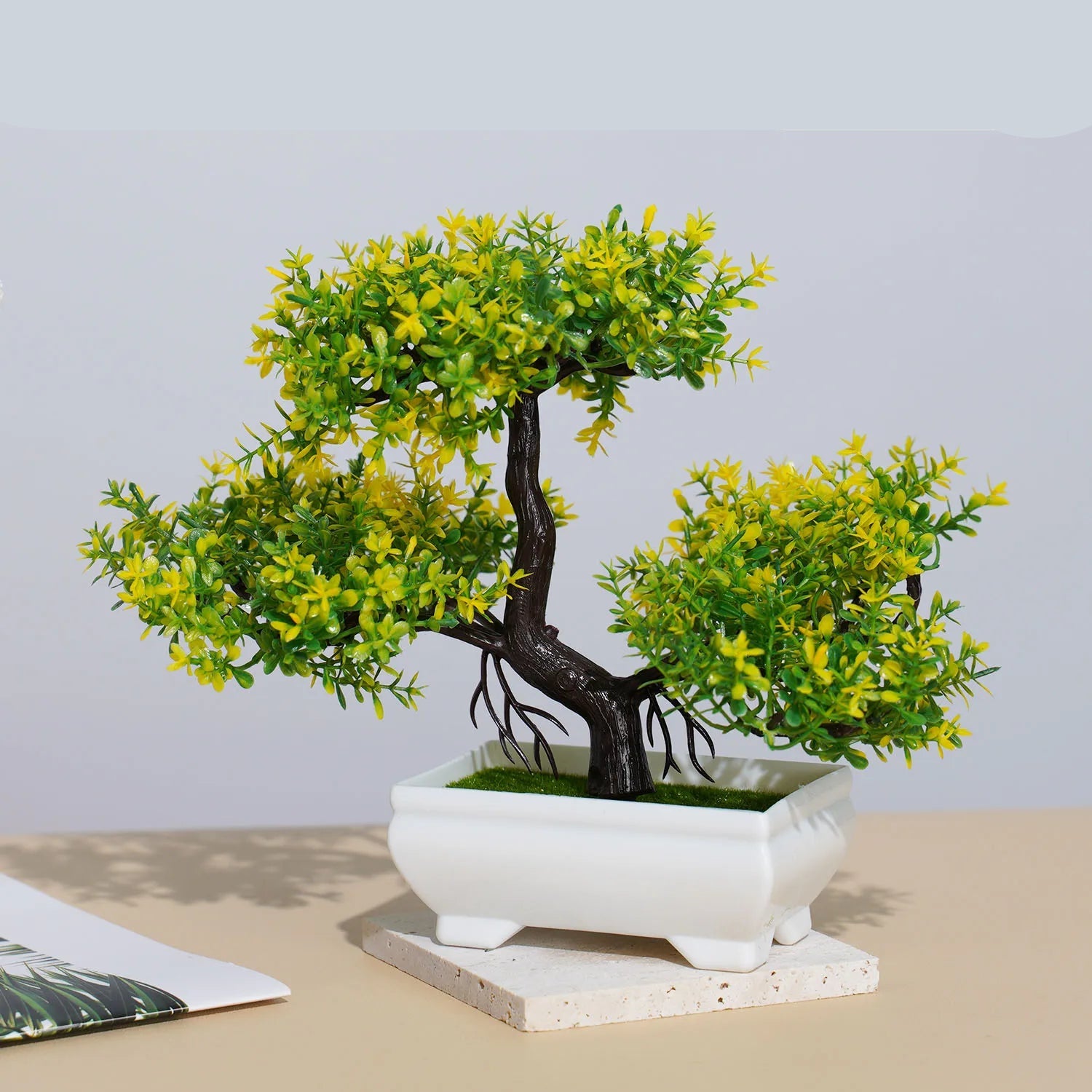 Plantas artificiais bonsai pequena árvore simulação pote plantas flores falsas mesa vaso ornamentos para hotel jardim decoração de casa