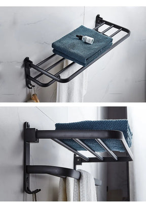 Preto fosco 50CM Folding Suporte Com Gancho Toalha Suporte Wall Mount AluminumTowel Rack