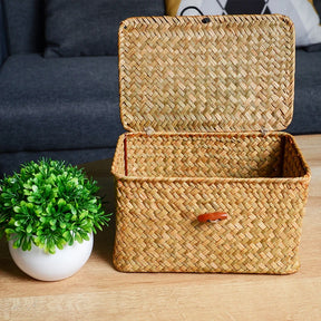 Cesta de prateleira de armazenamento com tampa retangular artesanal seagrass rattan tecido organizador de maquiagem recipiente multiuso caixa natural para