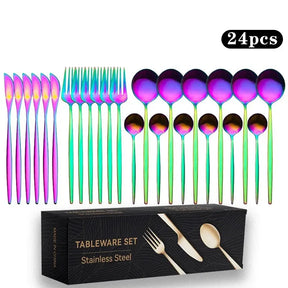 24 peças titânio banhado a ouro conjunto de talheres de aço inoxidável facas garfos colheres conjunto de talheres para casa e restaurante máquina de lavar louça