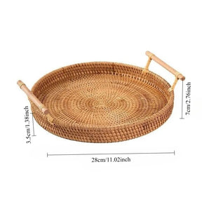 Bandeja de servir artesanal de vime, alças duplas, prato multiuso para apresentação de chá e lanche, cesta de pão ideal, 1 peça