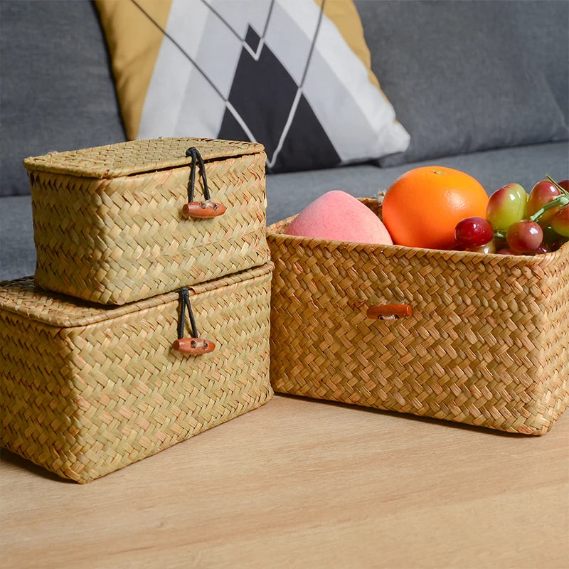Cesta de prateleira de armazenamento com tampa retangular artesanal seagrass rattan tecido organizador de maquiagem recipiente multiuso caixa natural para