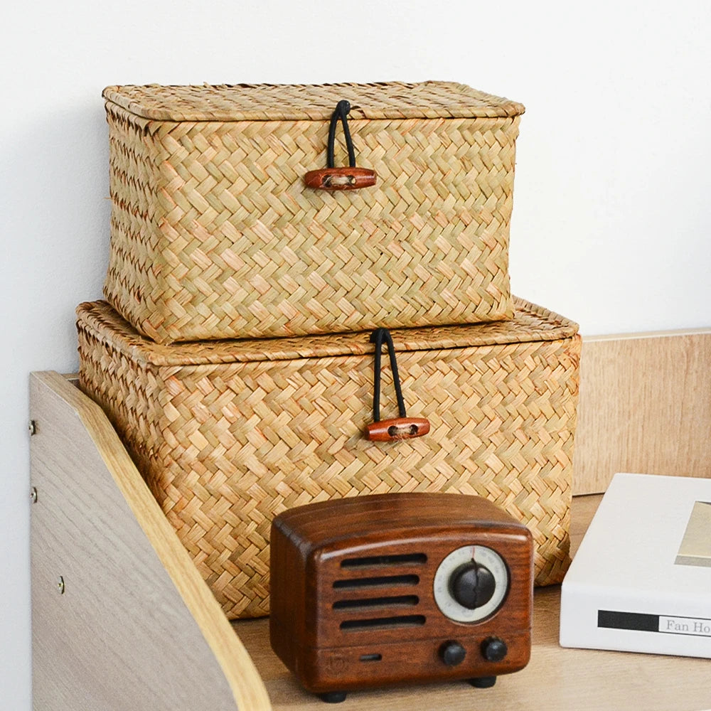 Cesta de prateleira de armazenamento com tampa retangular artesanal seagrass rattan tecido organizador de maquiagem recipiente multiuso caixa natural para