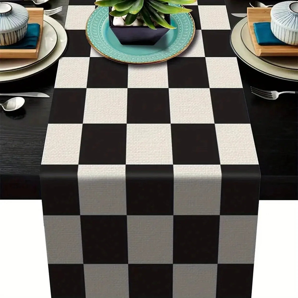 1pc listra geométrica corredor de mesa de linho, moderno simples preto e branco xadrez clássico vintage pano de mesa, decoração para casa