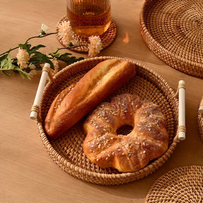 Bandeja de servir artesanal de vime, alças duplas, prato multiuso para apresentação de chá e lanche, cesta de pão ideal, 1 peça