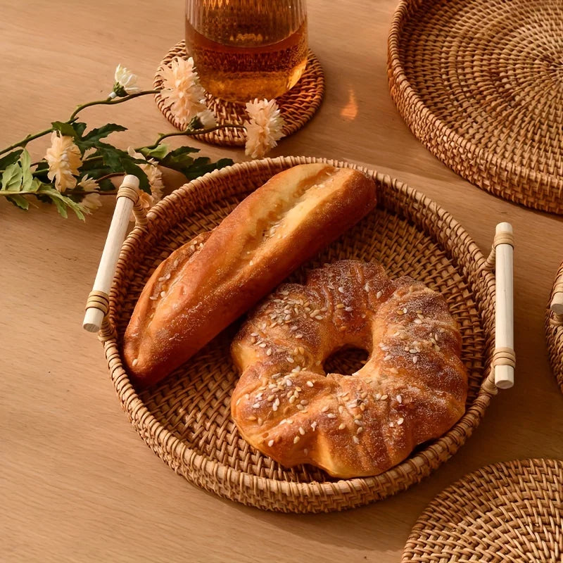 Bandeja de servir artesanal de vime, alças duplas, prato multiuso para apresentação de chá e lanche, cesta de pão ideal, 1 peça