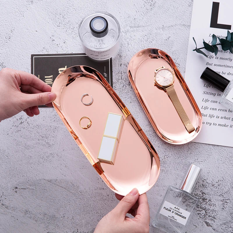 Placa moderna de metal em ouro rosa, bandeja de armazenamento oval prateada, exibição de joias decorativas, bandeja de aço inoxidável, suprimentos de armazenamento