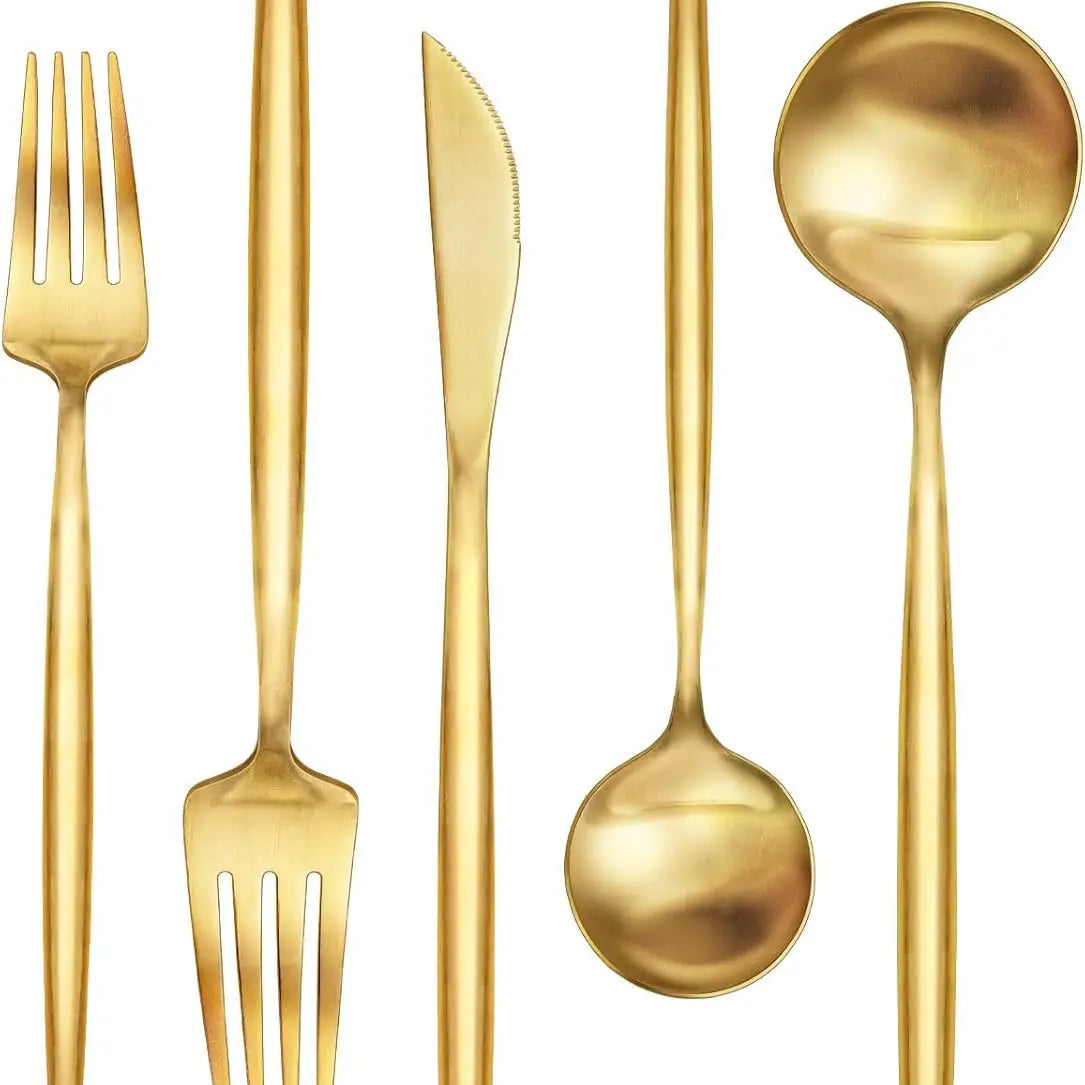 24 peças titânio banhado a ouro conjunto de talheres de aço inoxidável facas garfos colheres conjunto de talheres para casa e restaurante máquina de lavar louça