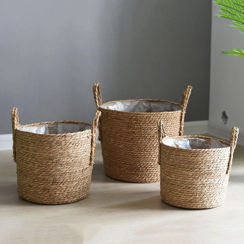 1pc nórdico artesanal palha tecido vaso de flores plantador cesta lavanderia roupas sujas armazenamento vaso jardim planta verde flor suportes