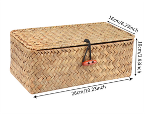 Cesta de prateleira de armazenamento com tampa retangular artesanal seagrass rattan tecido organizador de maquiagem recipiente multiuso caixa natural para