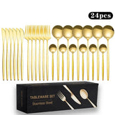 24 peças titânio banhado a ouro conjunto de talheres de aço inoxidável facas garfos colheres conjunto de talheres para casa e restaurante máquina de lavar louça