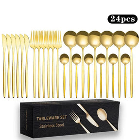 24 peças titânio banhado a ouro conjunto de talheres de aço inoxidável facas garfos colheres conjunto de talheres para casa e restaurante máquina de lavar louça