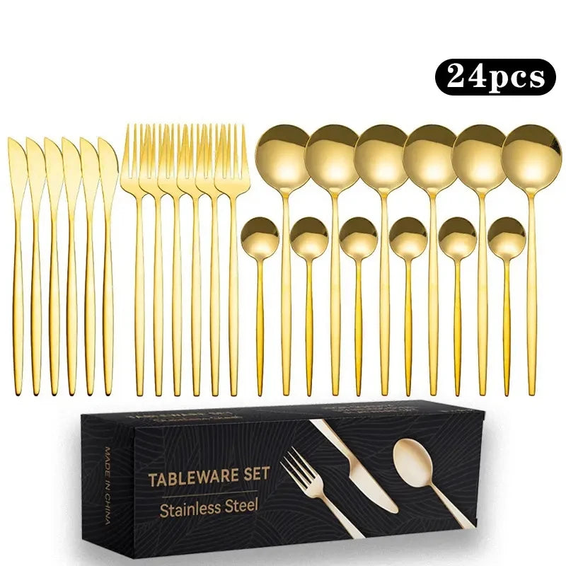 24 peças titânio banhado a ouro conjunto de talheres de aço inoxidável facas garfos colheres conjunto de talheres para casa e restaurante máquina de lavar louça
